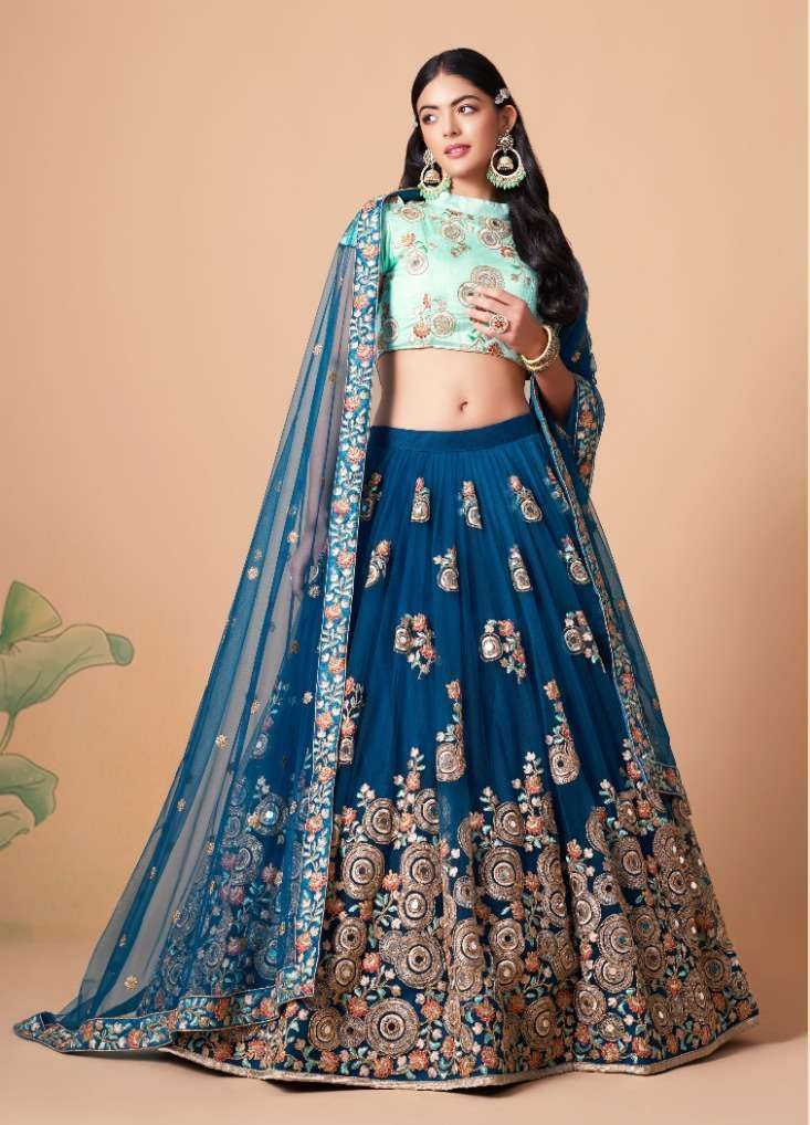 INDIAN BOLLYWOOD DESIGNER FANCY WEDDING PARTY WEAR BLUE NET FABRIC LEHENGA WITH THREAD SEQUENCE 7319