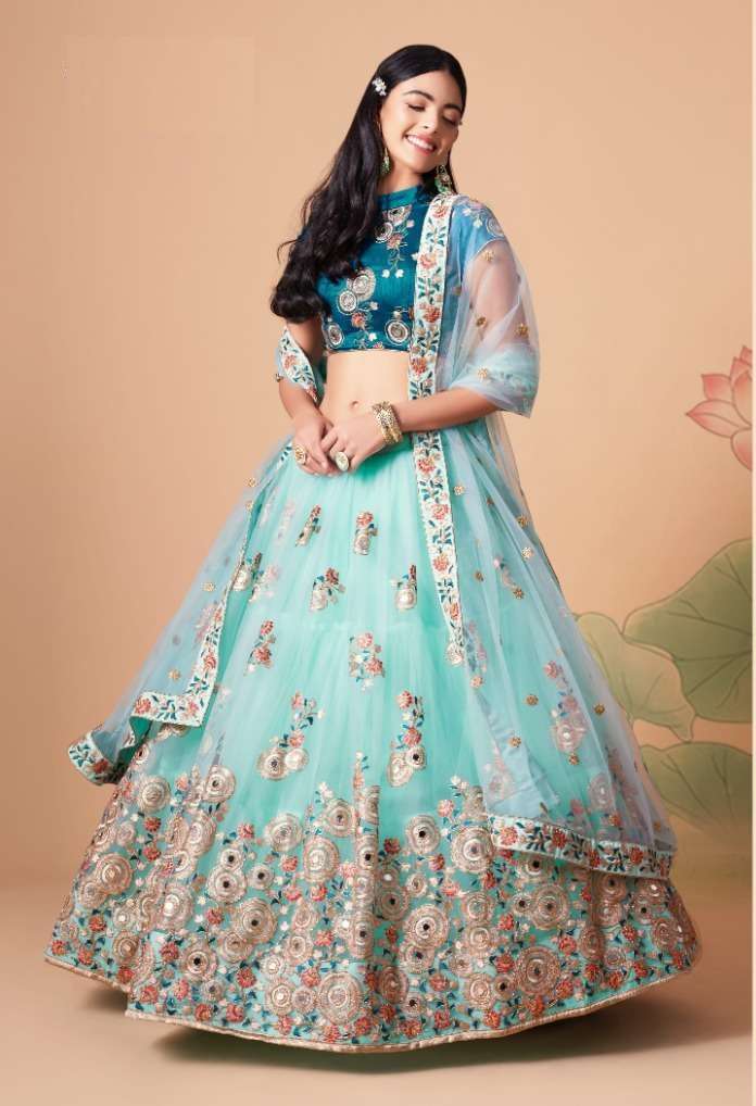 INDIAN BOLLYWOOD DESIGNER FANCY WEDDING PARTY WEAR SKY BLUE NET FABRIC LEHENGA WITH THREAD SEQUENCE 7320