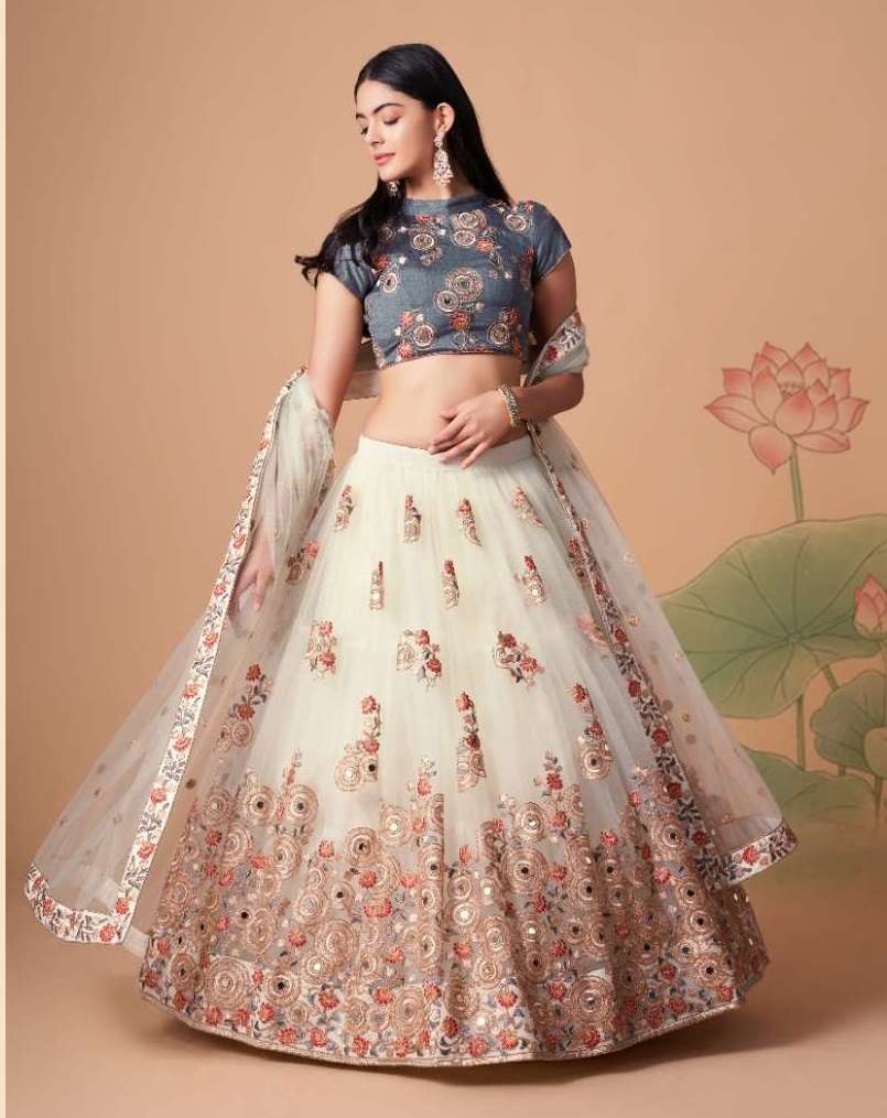 INDIAN BOLLYWOOD DESIGNER FANCY WEDDING PARTY WEAR OFF WHITE NET FABRIC LEHENGA WITH THREAD SEQUENCE 7322