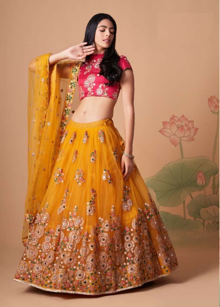 INDIAN BOLLYWOOD DESIGNER FANCY WEDDING PARTY WEAR YELLOW NET FABRIC LEHENGA WITH THREAD SEQUENCE 7324