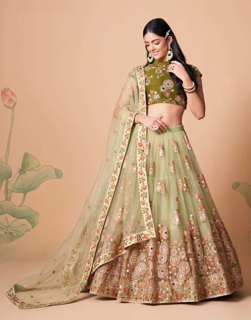 INDIAN BOLLYWOOD DESIGNER FANCY WEDDING PARTY WEAR PISTA NET FABRIC LEHENGA WITH THREAD SEQUENCE 7326