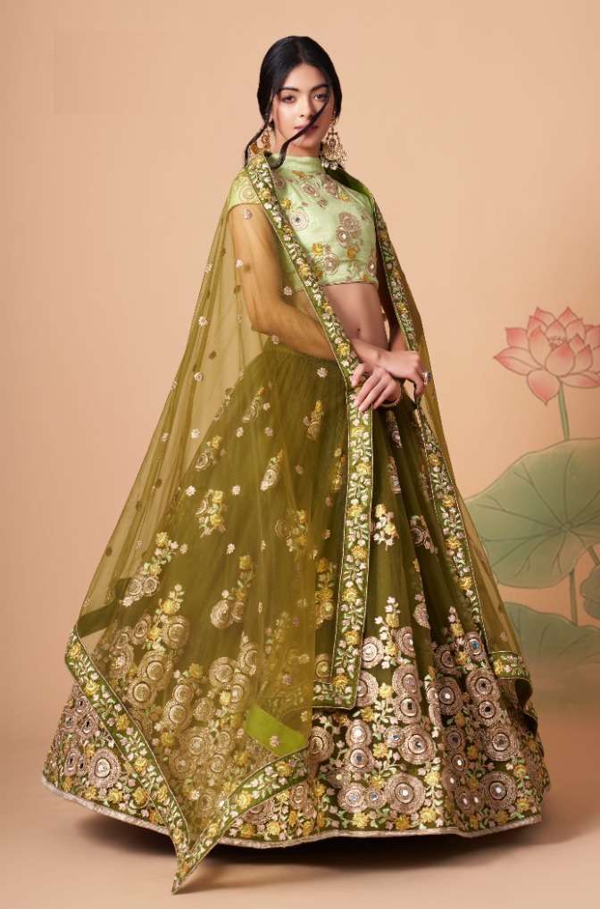 INDIAN BOLLYWOOD DESIGNER FANCY WEDDING PARTY WEAR MEHENDI NET FABRIC LEHENGA WITH THREAD SEQUENCE 7325