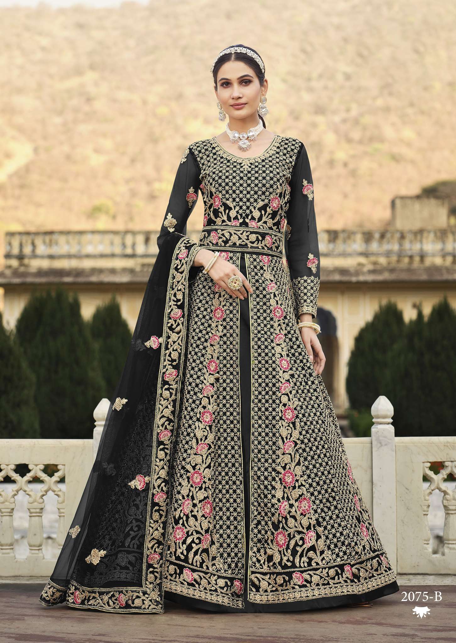 LATEST 2023 DESIGNER BLACK ANARKALI PARTY WEAR SALWAR SUIT LONG GOWN IN BUTTERFLY NET SENHORA CAROLINA 2075B