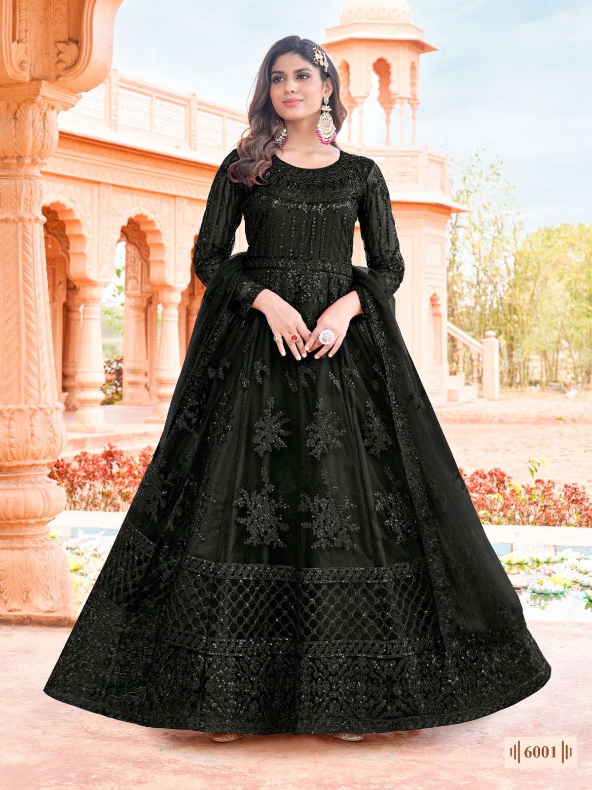 LATEST 2023 DESIGNER BLACK ANARKALI PARTY WEAR SALWAR SUIT LONG GOWN IN BUTTERFLY NET ANY 6001