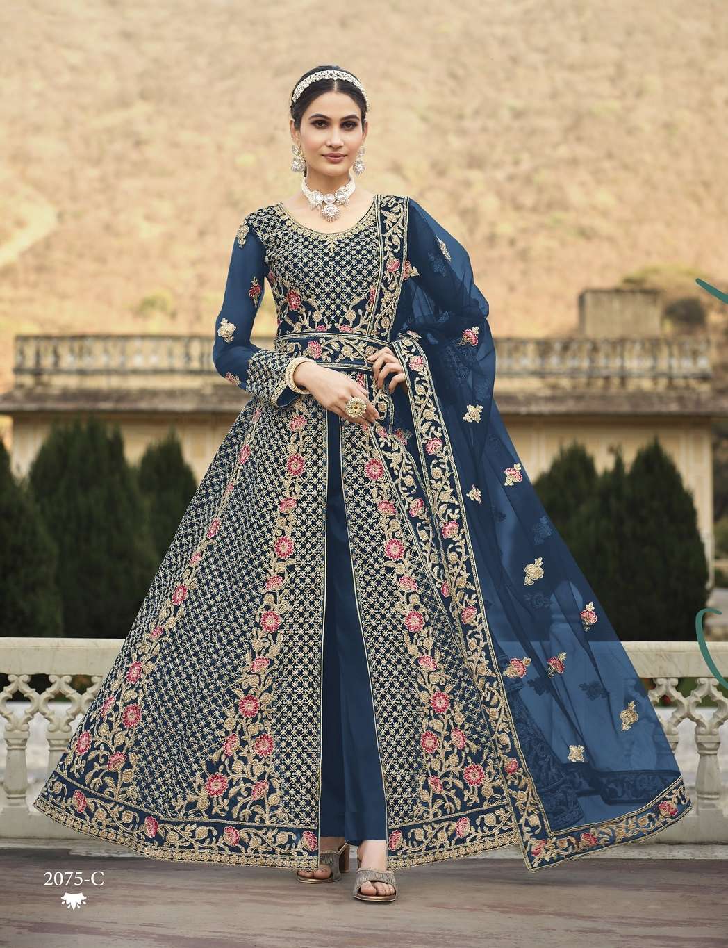 LATEST 2023 DESIGNER BLUE ANARKALI PARTY WEAR SALWAR SUIT LONG GOWN IN BUTTERFLY NET SENHORA CAROLINA 2075C