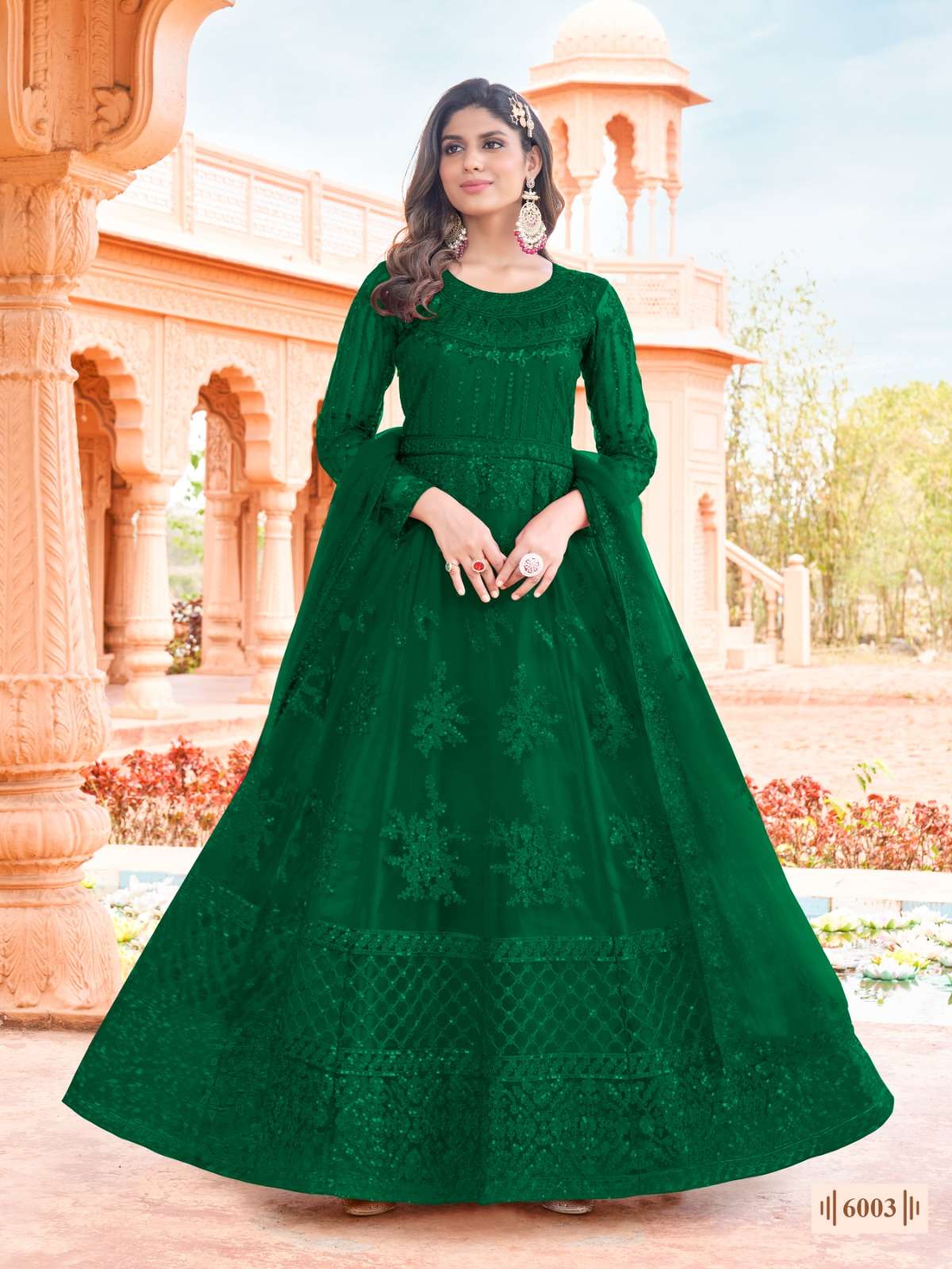 LATEST 2023 DESIGNER GREEN ANARKALI PARTY WEAR SALWAR SUIT LONG GOWN IN BUTTERFLY NET ANY 6003