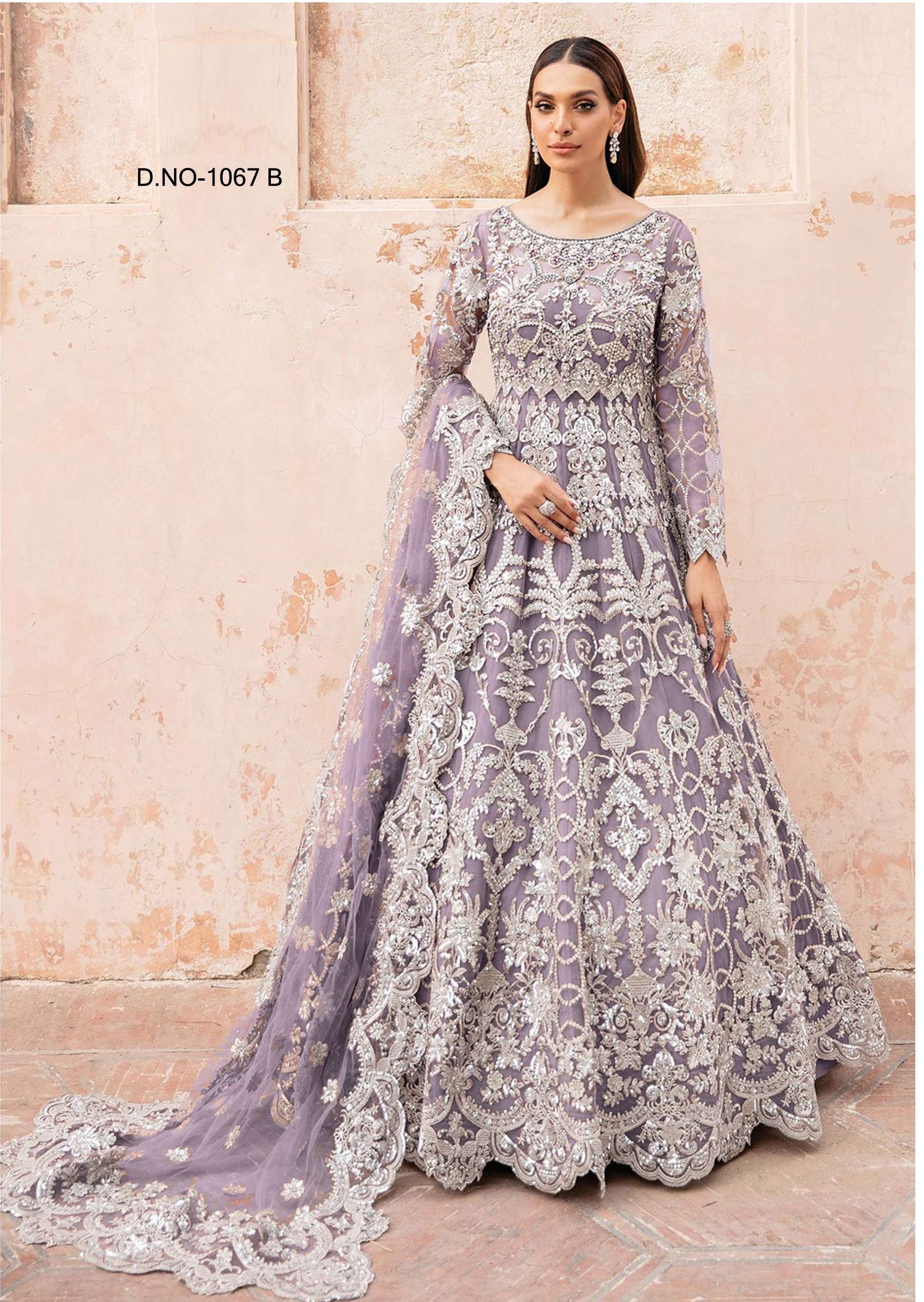 LATEST 2023 DESIGNER LAVENDER ANARKALI PARTY WEAR SALWAR SUIT LONG GOWN IN BUTTERFLY NET KB 1067B