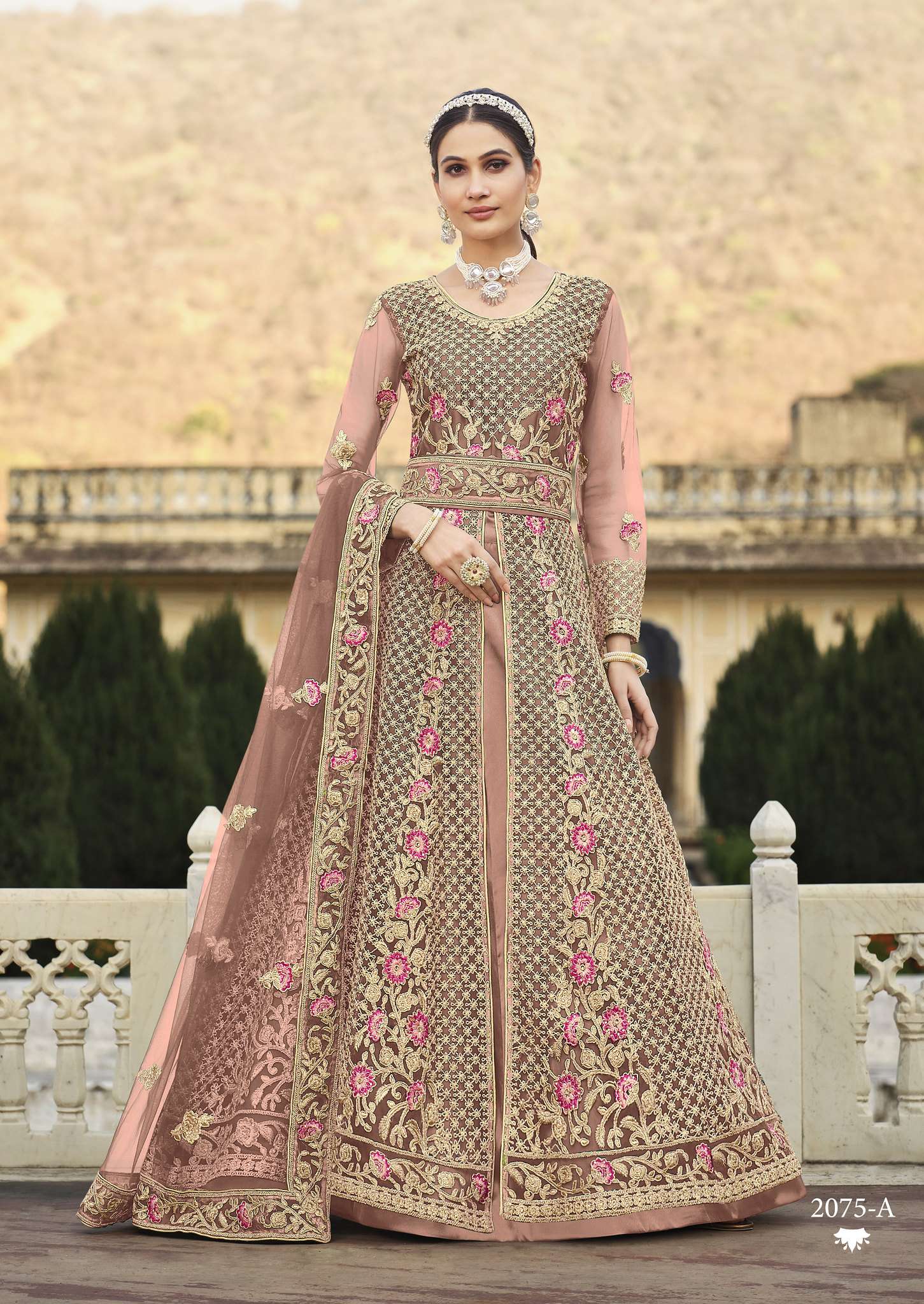 LATEST 2023 DESIGNER PEACH ANARKALI PARTY WEAR SALWAR SUIT LONG GOWN IN BUTTERFLY NET SENHORA CAROLINA 2075A