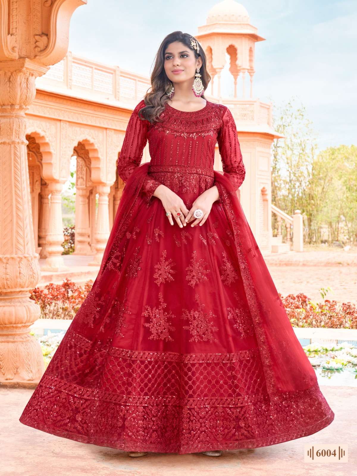 LATEST 2023 DESIGNER RED ANARKALI PARTY WEAR SALWAR SUIT LONG GOWN IN BUTTERFLY NET ANY 6004