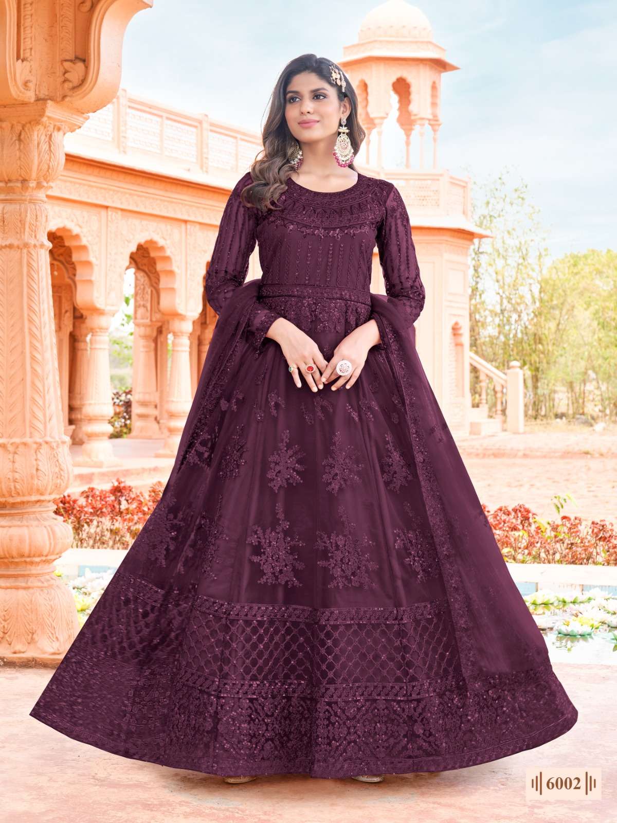 LATEST 2023 DESIGNER WINE ANARKALI PARTY WEAR SALWAR SUIT LONG GOWN IN BUTTERFLY NET ANY 6002