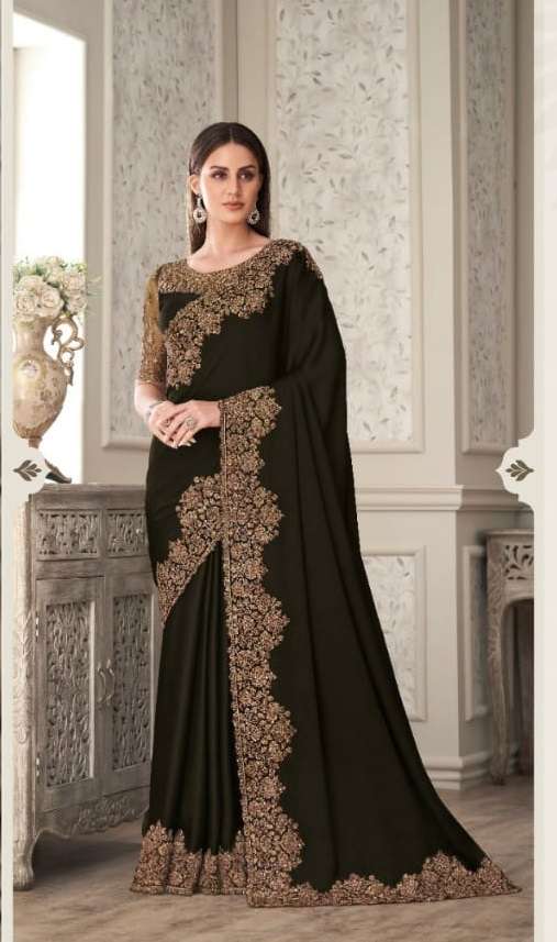 LATEST DESIGNER FANCY WEDDING PARTY WEAR HEAVY BLACK SILK SAREE SM ANMOL SHADES 3303