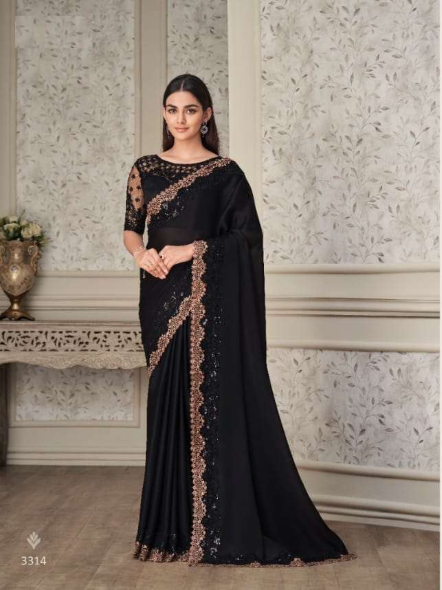 LATEST DESIGNER FANCY WEDDING PARTY WEAR HEAVY BLACK SILK SAREE SM ANMOL SHADES 3314