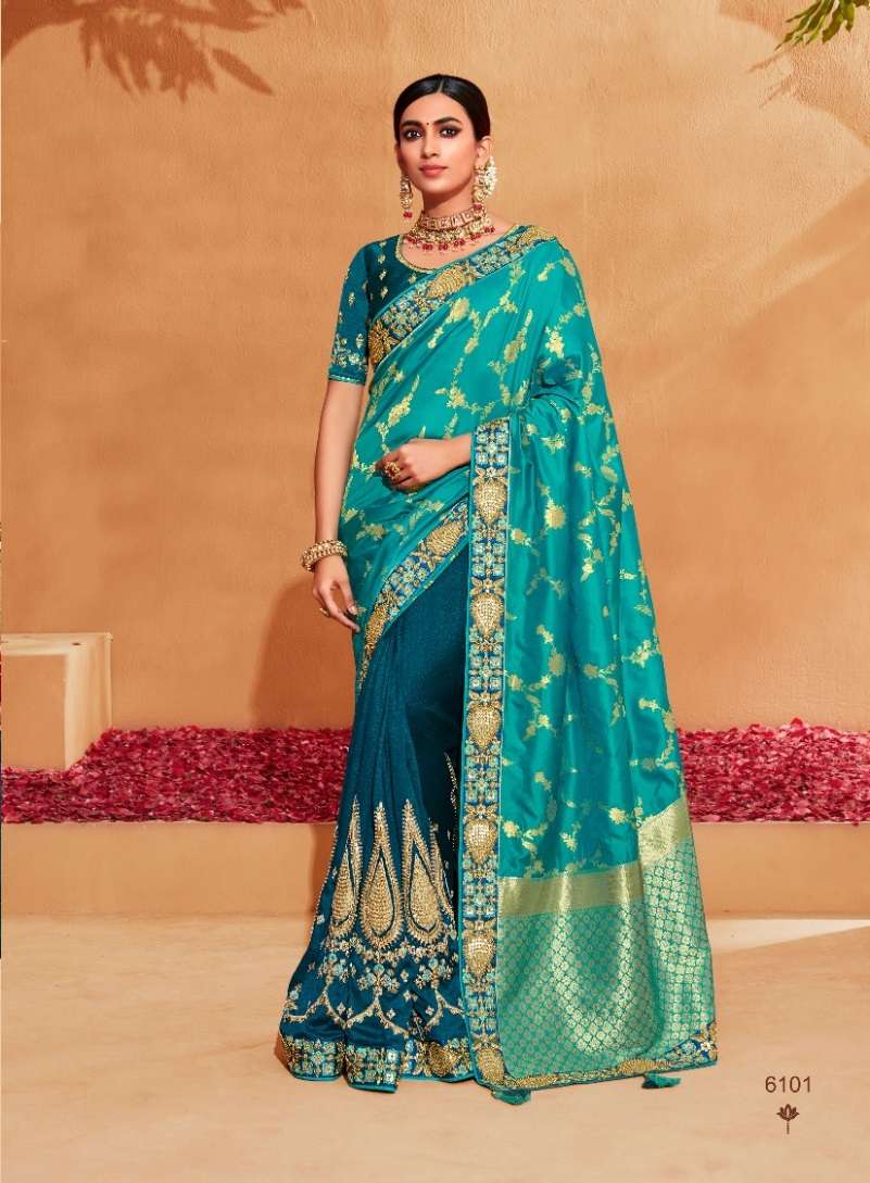 LATEST DESIGNER FANCY WEDDING PARTY WEAR HEAVY BLUE BANARASI SILK FABRIC SAREE SM TATHASTU AANARA 6101