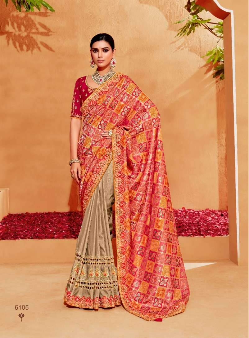 LATEST DESIGNER FANCY WEDDING PARTY WEAR HEAVY CHIKU RED BANARASI SILK FABRIC SAREE SM TATHASTU AANARA 6105