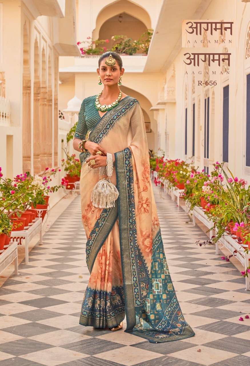 LATEST DESIGNER FANCY WEDDING PARTY WEAR HEAVY CHIKU SILK CHIFFON SAREE SM REVAA AAGMAN 656