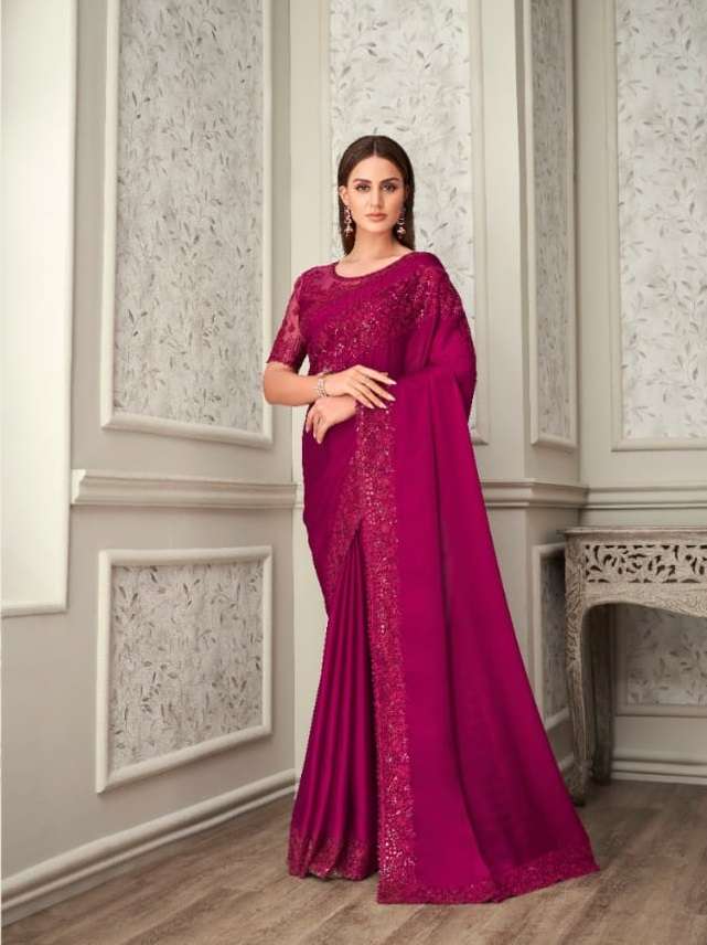 LATEST DESIGNER FANCY WEDDING PARTY WEAR HEAVY DEEP PINK SILK SAREE SM ANMOL SHADES 3313