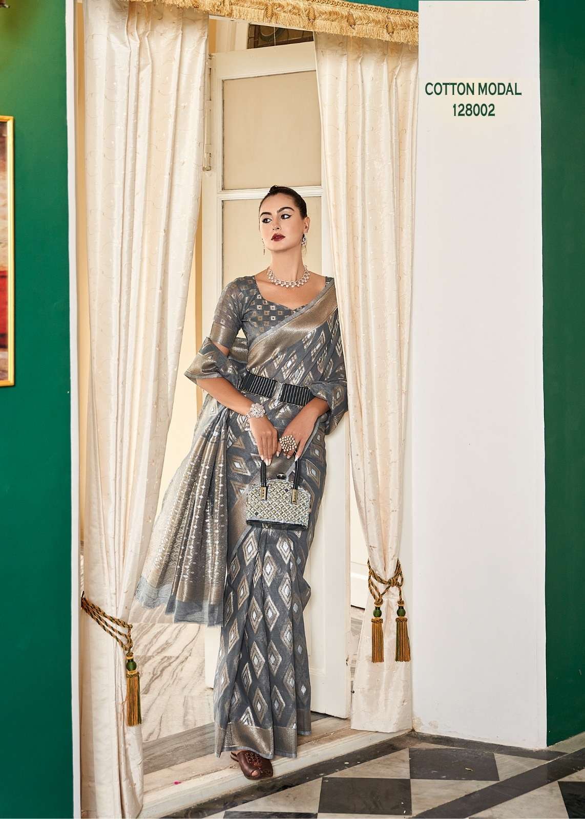 LATEST DESIGNER FANCY WEDDING PARTY WEAR HEAVY GREY COTTON SILK SAREE SM SM RAJPATH OLIVIA 128002