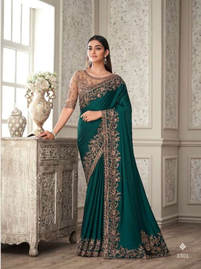 LATEST DESIGNER FANCY WEDDING PARTY WEAR HEAVY GREEN SILK SAREE SM ANMOL SHADES 3301