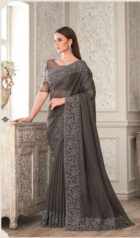 LATEST DESIGNER FANCY WEDDING PARTY WEAR HEAVY GREY SILK SAREE SM ANMOL SHADES 3308