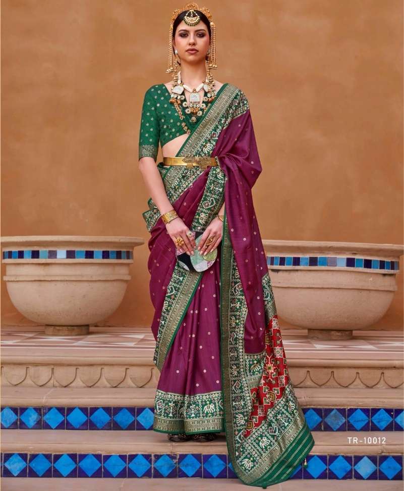 LATEST DESIGNER FANCY WEDDING PARTY WEAR HEAVY MAGENTA BANARASI SILK FABRIC SAREE SM TRIRATH 10012