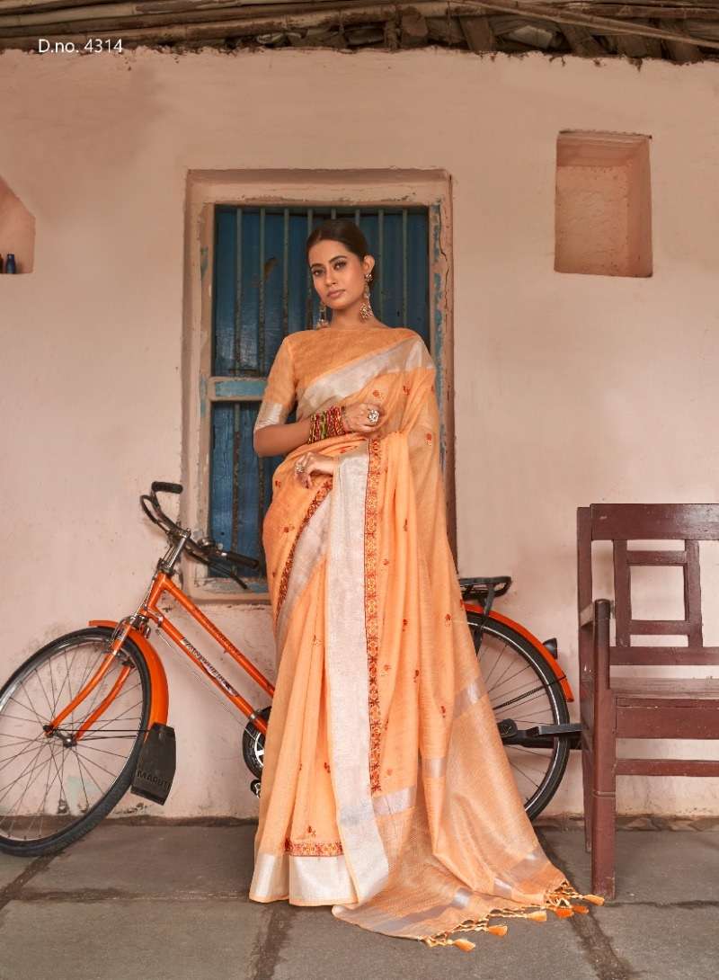 LATEST DESIGNER FANCY WEDDING PARTY WEAR HEAVY ORANGE LINEN SILK SAREE SM ROYAL ELITE SABHIYA 4314