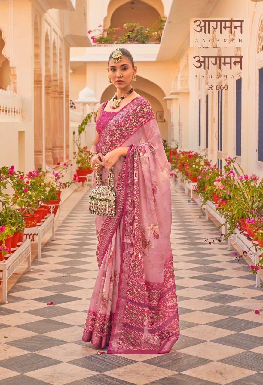 LATEST DESIGNER FANCY WEDDING PARTY WEAR HEAVY PINK SILK CHIFFON SAREE SM REVAA AAGMAN 660