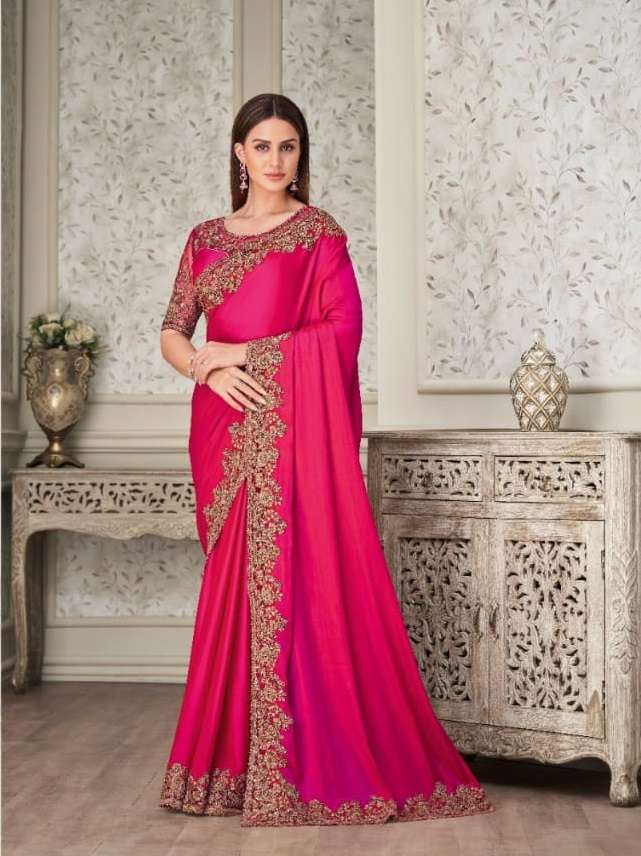 LATEST DESIGNER FANCY WEDDING PARTY WEAR HEAVY PINK SILK SAREE SM ANMOL SHADES 3311