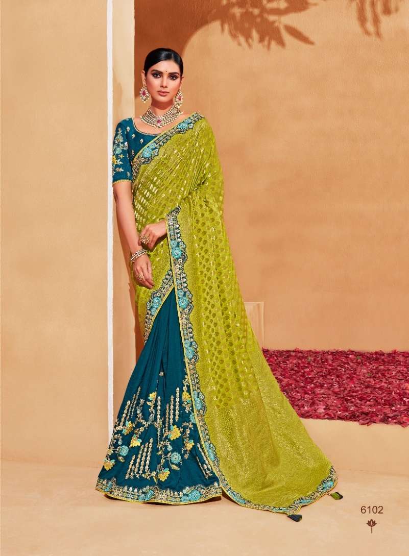 LATEST DESIGNER FANCY WEDDING PARTY WEAR HEAVY PISTA GREEN BANARASI SILK FABRIC SAREE SM TATHASTU AANARA 6102