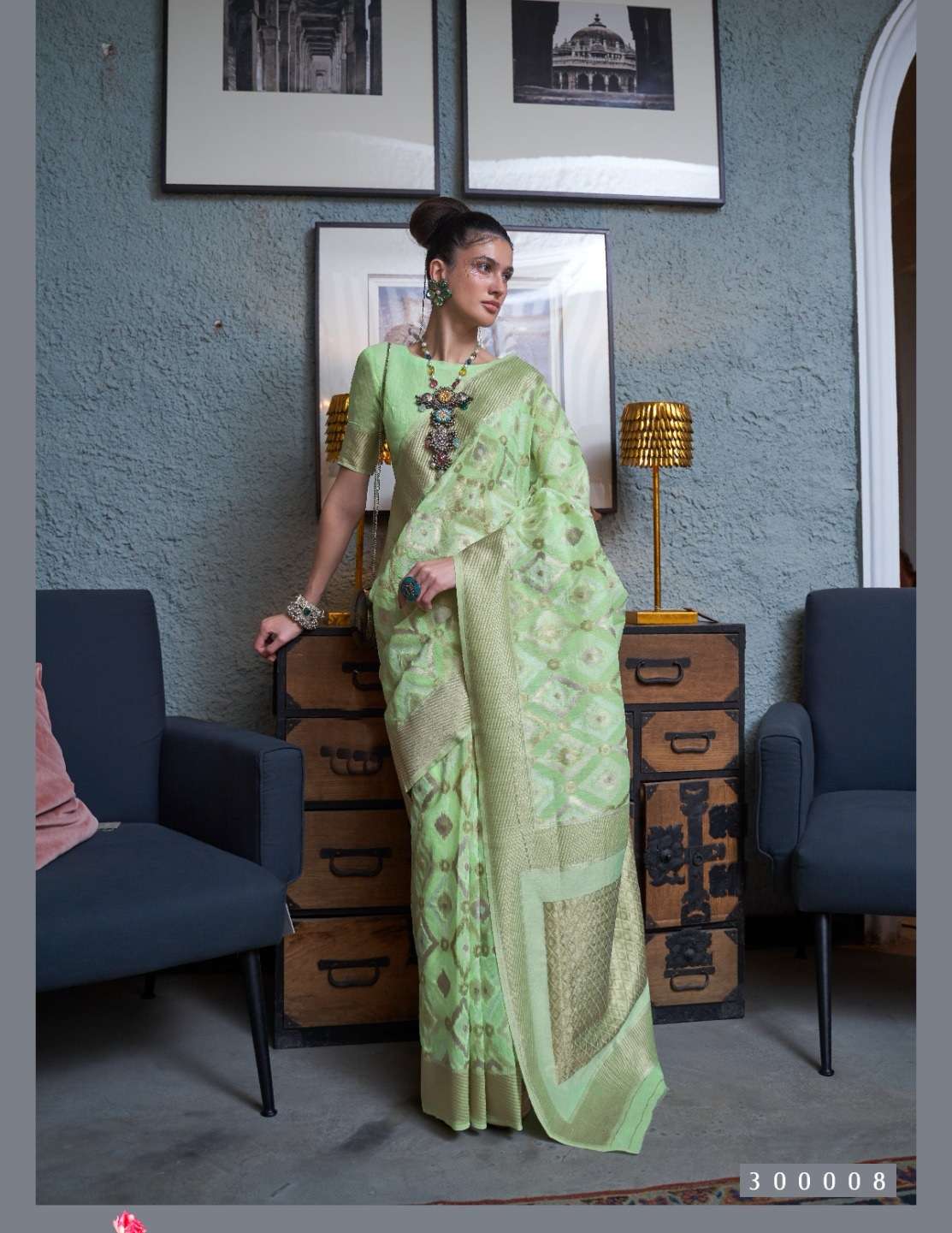 LATEST DESIGNER FANCY WEDDING PARTY WEAR HEAVY PISTA GREEN LINEN SILK SAREE SM RAJEX KAPAS 300008