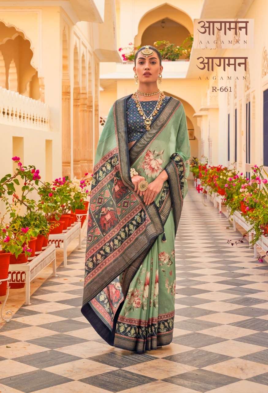 LATEST DESIGNER FANCY WEDDING PARTY WEAR HEAVY PISTA SILK CHIFFON SAREE SM REVAA AAGMAN 661