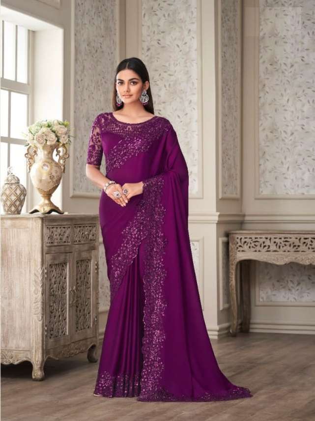 LATEST DESIGNER FANCY WEDDING PARTY WEAR HEAVY PURPLE SILK SAREE SM ANMOL SHADES 3304