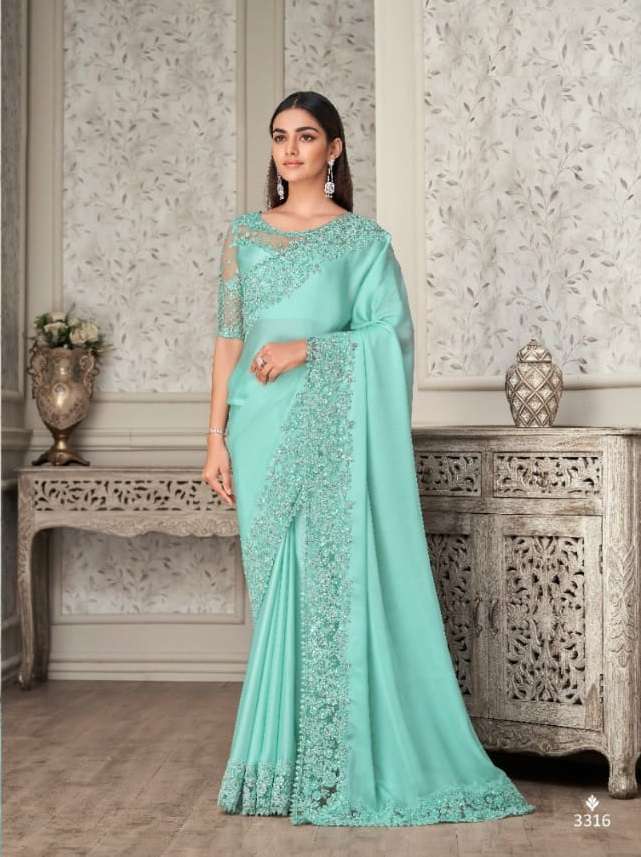 LATEST DESIGNER FANCY WEDDING PARTY WEAR HEAVY SEA GREEN SILK SAREE SM ANMOL SHADES 3316