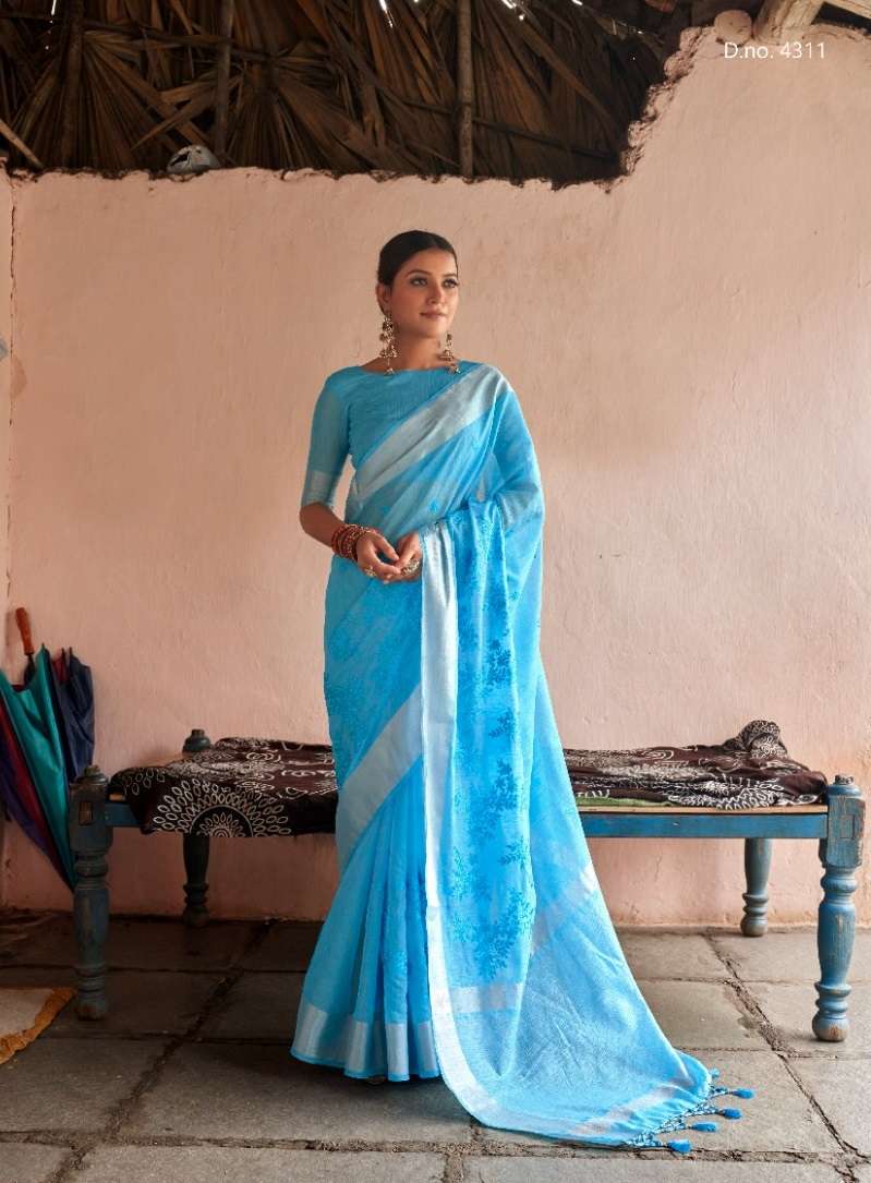 LATEST DESIGNER FANCY WEDDING PARTY WEAR HEAVY SKY LINEN SILK SAREE SM ROYAL ELITE SABHIYA 4311