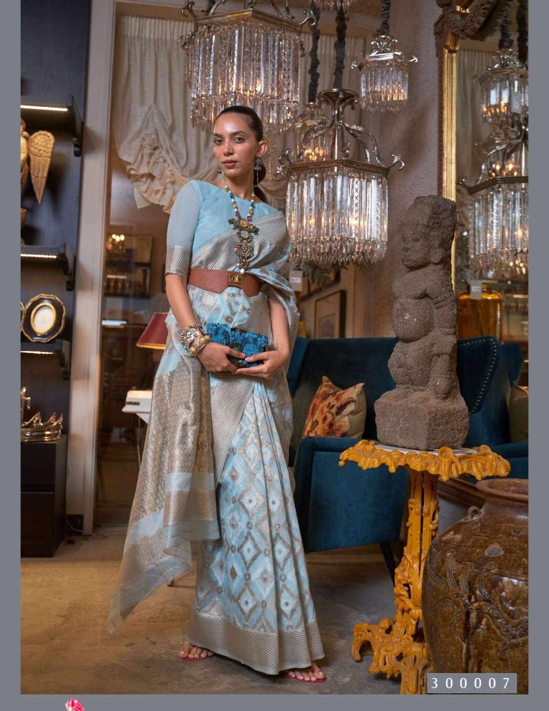 LATEST DESIGNER FANCY WEDDING PARTY WEAR HEAVY SKY BLUE LINEN SILK SAREE SM RAJEX KAPAS 300007