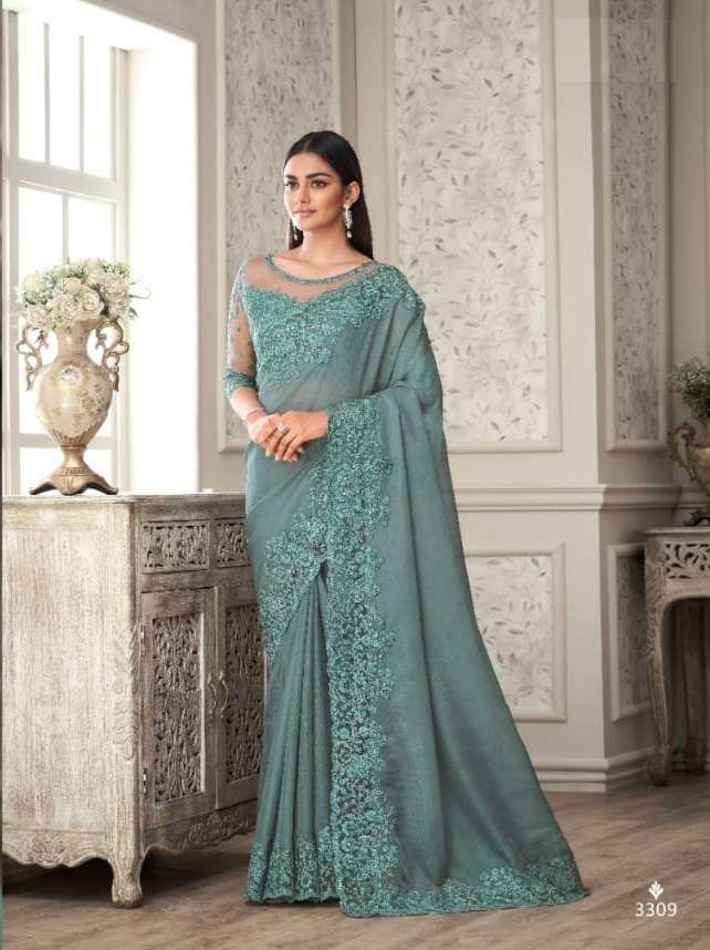 LATEST DESIGNER FANCY WEDDING PARTY WEAR HEAVY SKY SILK SAREE SM ANMOL SHADES 3309