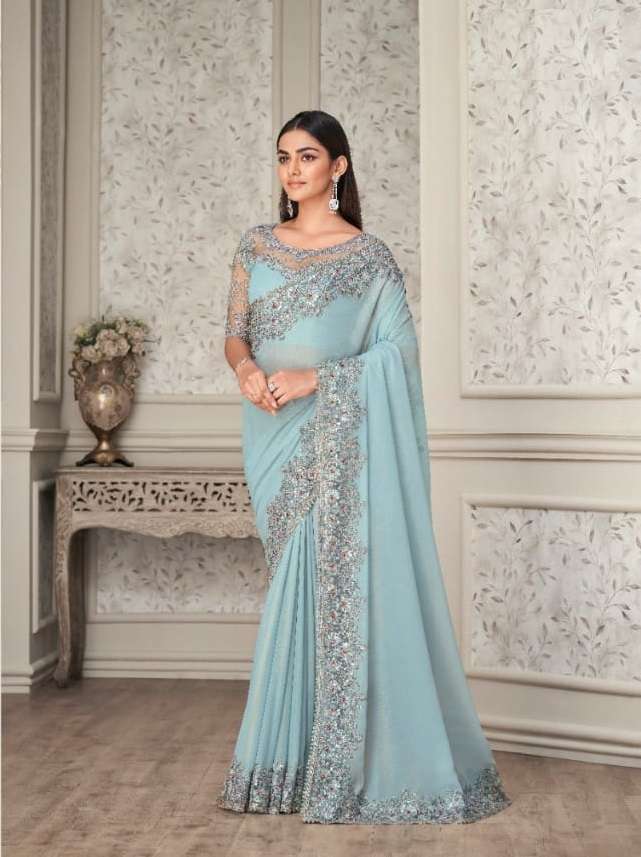 LATEST DESIGNER FANCY WEDDING PARTY WEAR HEAVY SKY SILK SAREE SM ANMOL SHADES 3310