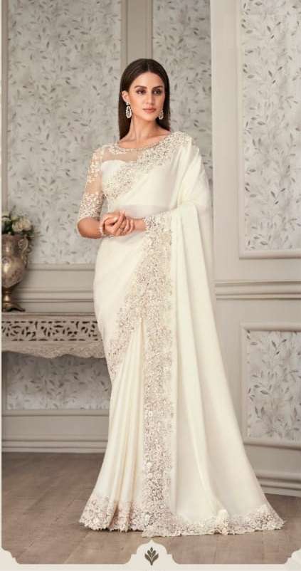 LATEST DESIGNER FANCY WEDDING PARTY WEAR HEAVY WHITE SILK SAREE SM ANMOL SHADES 3306