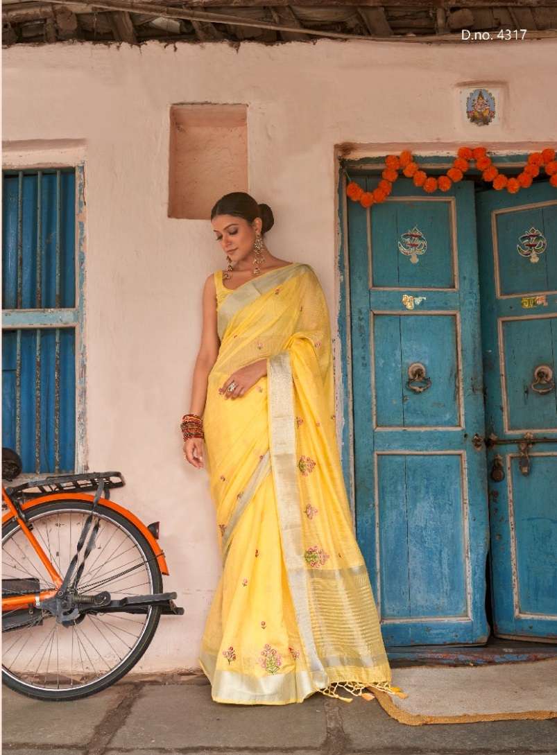 LATEST DESIGNER FANCY WEDDING PARTY WEAR HEAVY YELLOW LINEN SILK SAREE SM ROYAL ELITE SABHIYA 4317