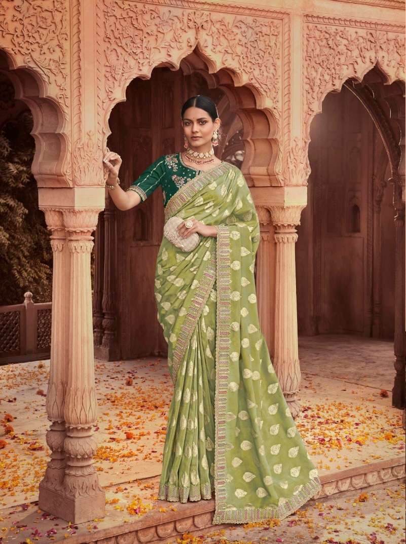 LATEST DESIGNER PISTA FANCY WEDDING PARTY WEAR HEAVY SILK SAREE SM MAHAVEERA 2104