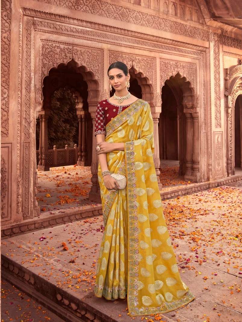 LATEST DESIGNER YELLOW FANCY WEDDING PARTY WEAR HEAVY SILK SAREE SM MAHAVEERA 2103