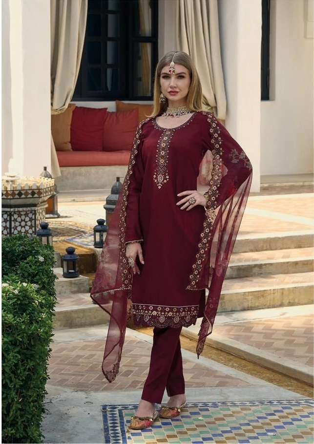 MAROON DESIGNER FANCY WEDDING PARTY WEAR SILK STRAIGHT INDIAN PAKISTANI SALWAR SUIT EB SABWAY 1555