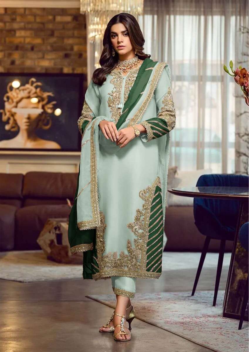 NEW ARRIVAL LATEST DESIGNER STRAIGHT GREEN PAKISTANI SALWAR SUIT FOR WOMEN MAARIA 1019D