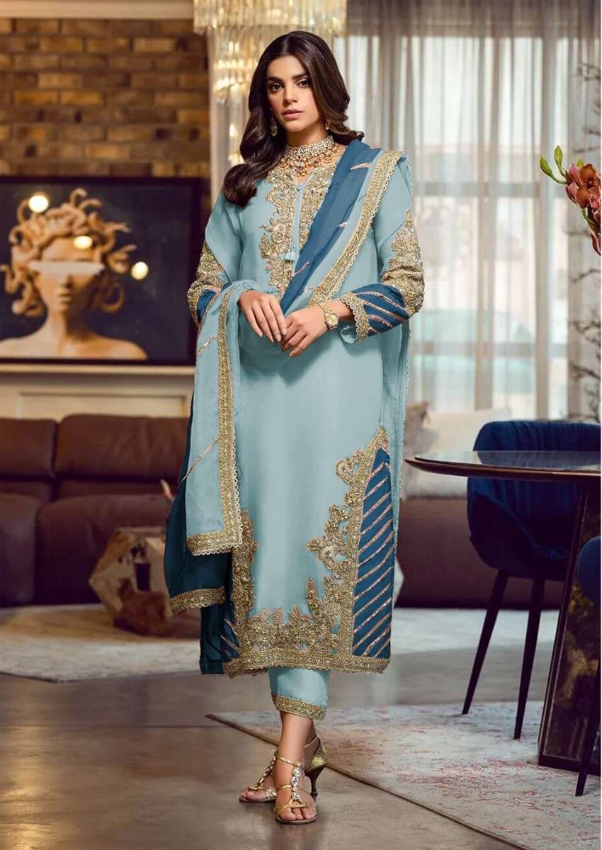 NEW ARRIVAL LATEST DESIGNER STRAIGHT SKY BLUE PAKISTANI SALWAR SUIT FOR WOMEN MAARIA 1019B