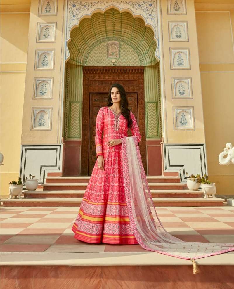 PURE SILK DESIGNER WEDDING PARTY WEAR LONG PINK GOWN COLLECTION VIRASAT 6004