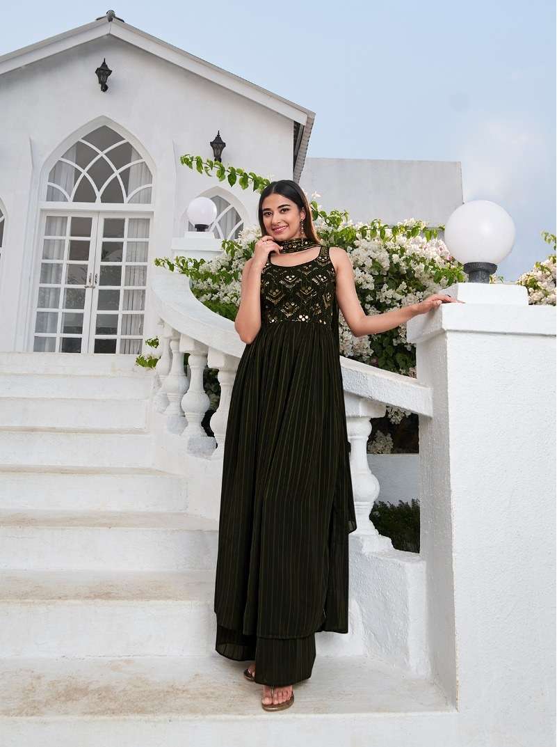 READY TO WEAR DESIGNER FANCY PARTY WEAR OLIVE GREEN LONG ANARKALI GOWN STYLE GEORGETTE SALWAR SUIT KF FLORY 4842