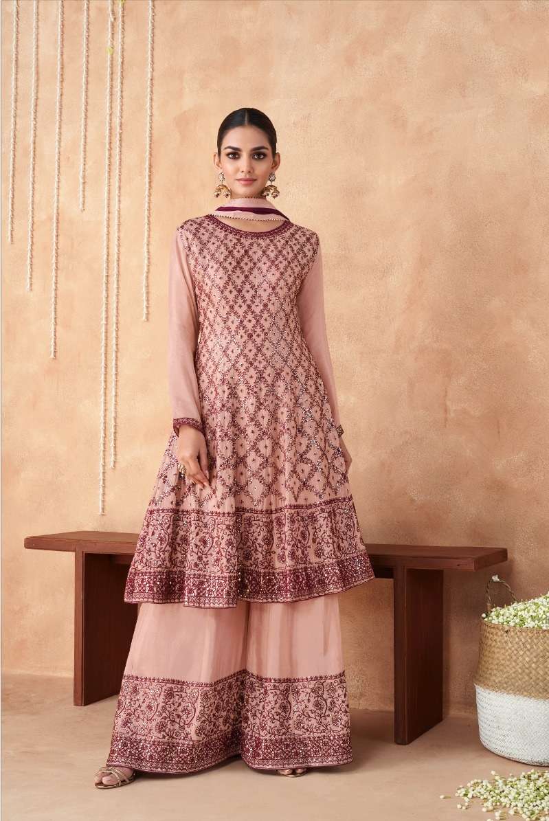 READY TO WEAR DESIGNER FANCY PARTY WEAR PEACE SHARARA PALAZZO STYLE GEORGETTE SALWAR SUIT GULKARIYA IZHAAR 7190