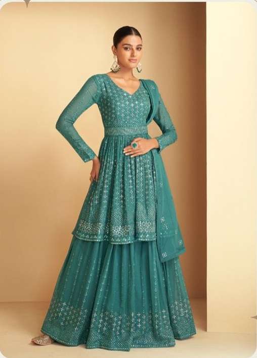 READY TO WEAR DESIGNER FANCY PARTY WEAR SKY COLOR SHARARA PALAZZO STYLE GEORGETTE SALWAR SUIT GULKARIYA IMLIE 7181