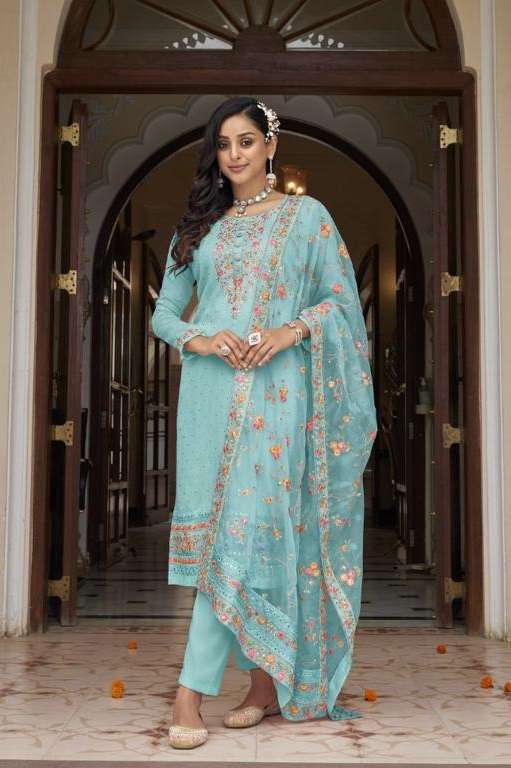 SKY BLUE DESIGNER READY TO WEAR FANCY WEDDING PARTY WEAR FAUX GEORGETTE INDIAN PAKISTANI SALWAR SUIT JG EBA 1475D