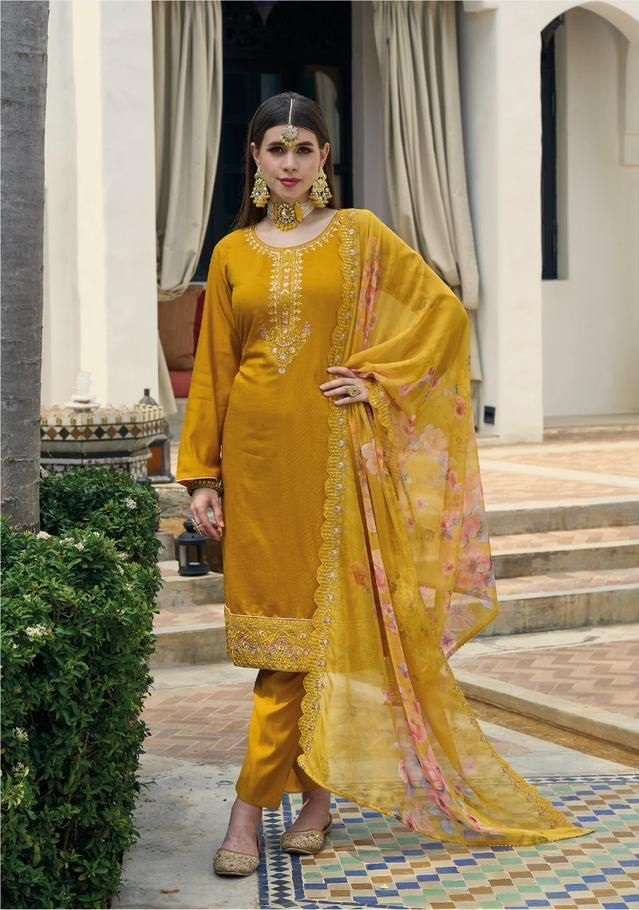 YELLOW DESIGNER FANCY WEDDING PARTY WEAR SILK STRAIGHT INDIAN PAKISTANI SALWAR SUIT EB SABWAY 1556