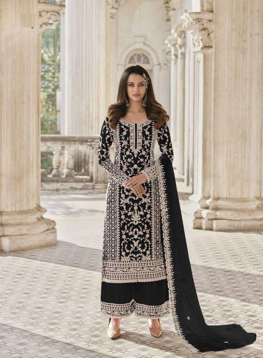 DESIGNER FANCY BLACK WEDDING PARTY FESTIVAL WEAR BUTTERFLY NET SALWAR SUIT JG 3304O